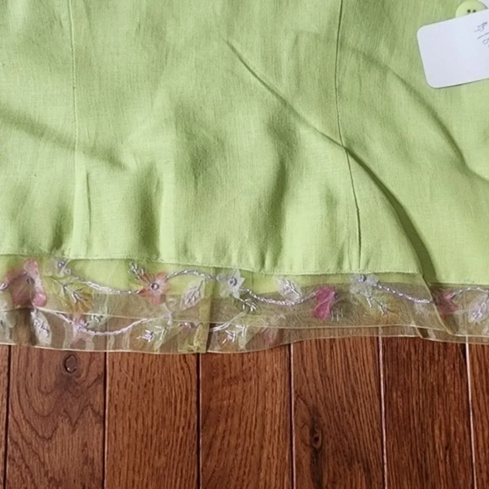 Vintage Althuser Green Linen Blazer Short‎ Sleeve Button Back Floral Trim USA 6